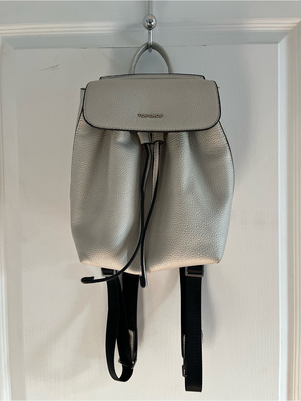 Topshop Metallic Silver Pebbled Mini Backpack with Black Straps